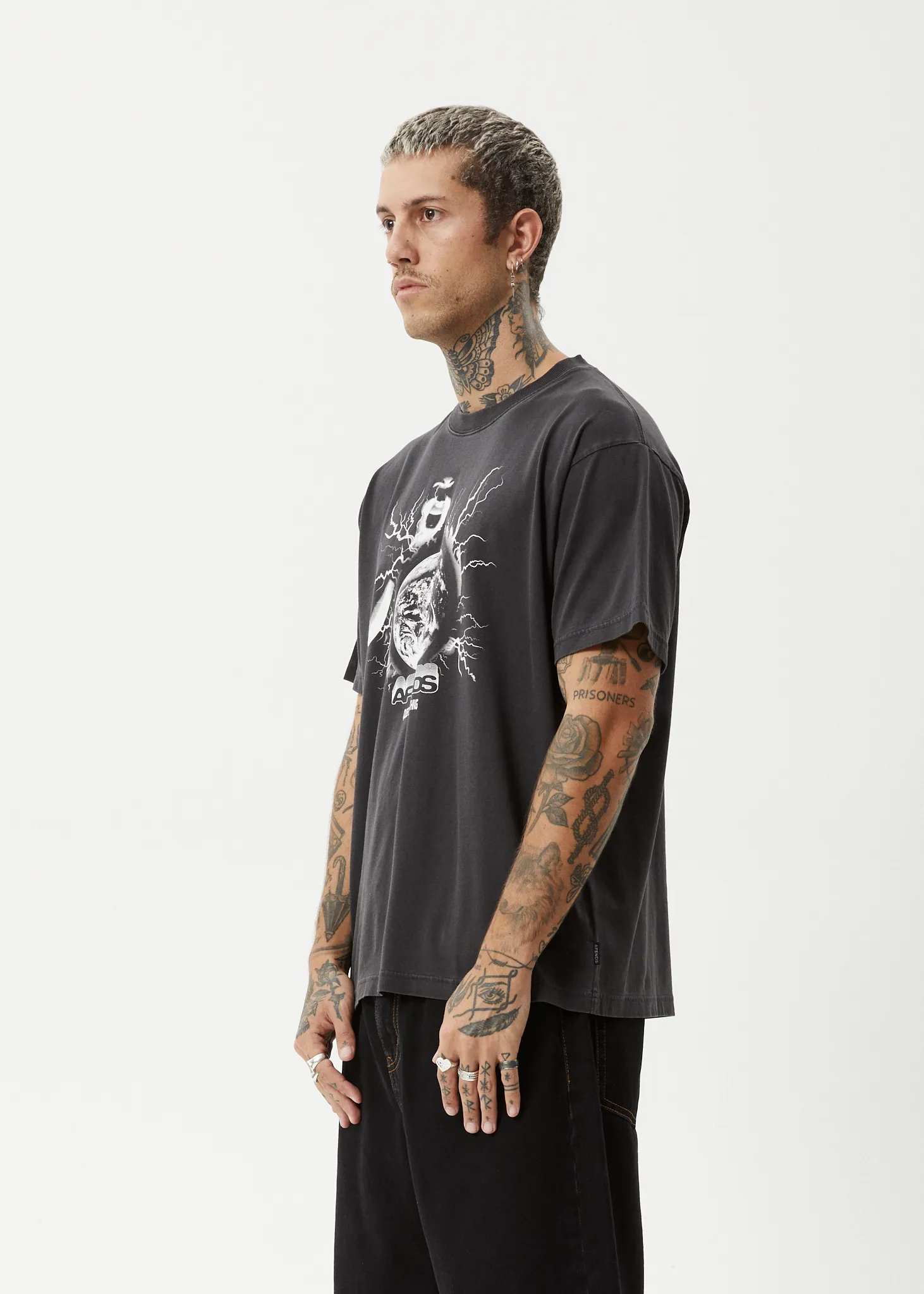 AFENDS Mens Doom Gen - Boxy Fit Tee - Stone Black