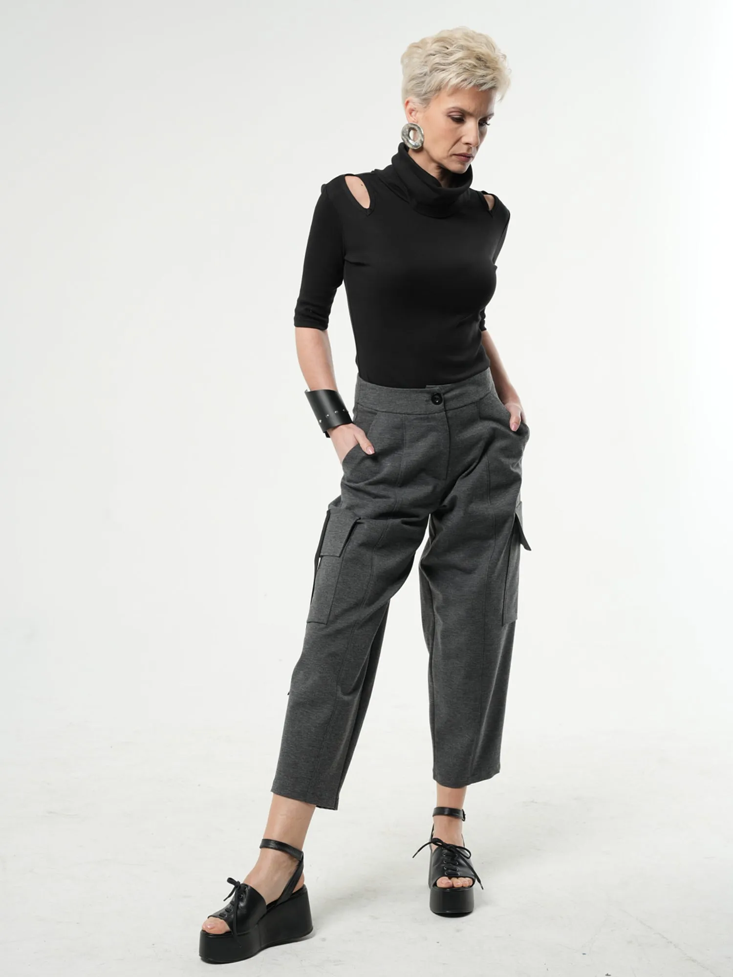 Ankle-Length Gray Cargo Pants