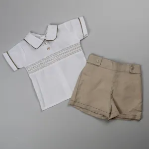 Baby Boys Smocked Shirt & Shorts - Beige