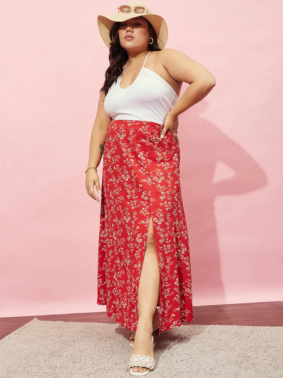 Berrylush Women Plus Size Red & White Floral Printed High-Rise Waist Thigh-High Slit Flared A-Line Maxi Skirt