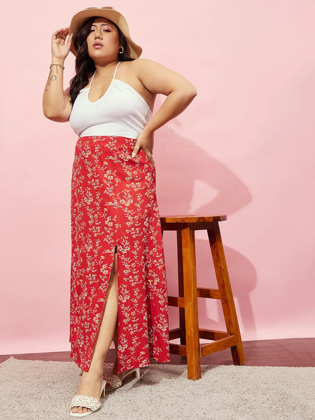 Berrylush Women Plus Size Red & White Floral Printed High-Rise Waist Thigh-High Slit Flared A-Line Maxi Skirt