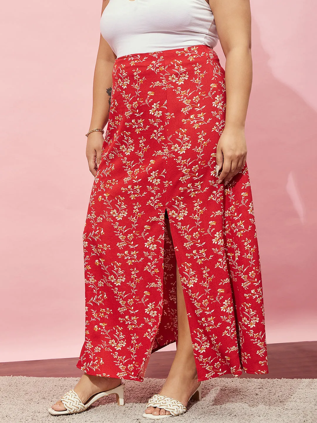 Berrylush Women Plus Size Red & White Floral Printed High-Rise Waist Thigh-High Slit Flared A-Line Maxi Skirt