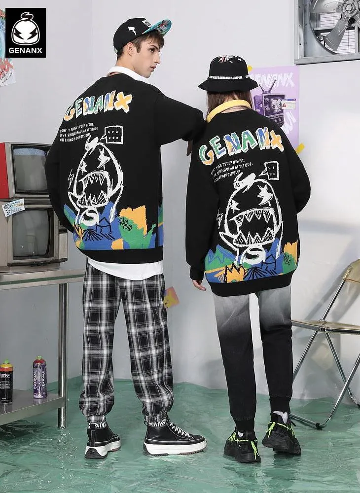 Black Graffiti Cartoon Jacquard Pullover Sweater