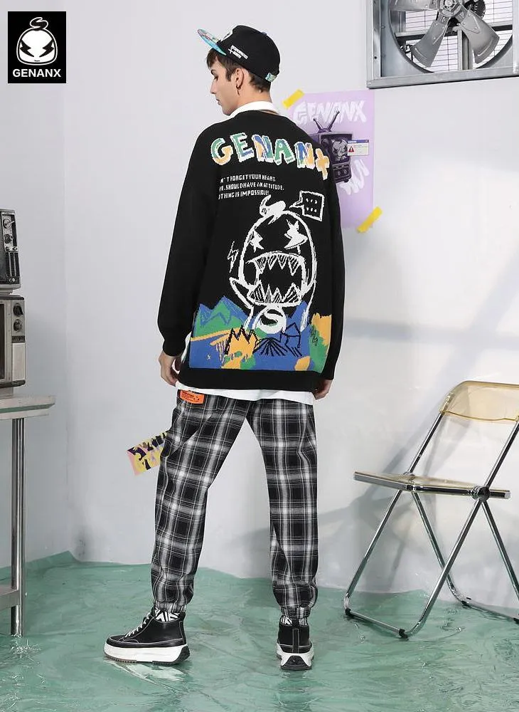 Black Graffiti Cartoon Jacquard Pullover Sweater