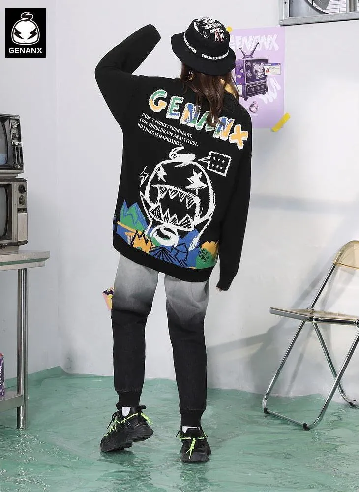 Black Graffiti Cartoon Jacquard Pullover Sweater