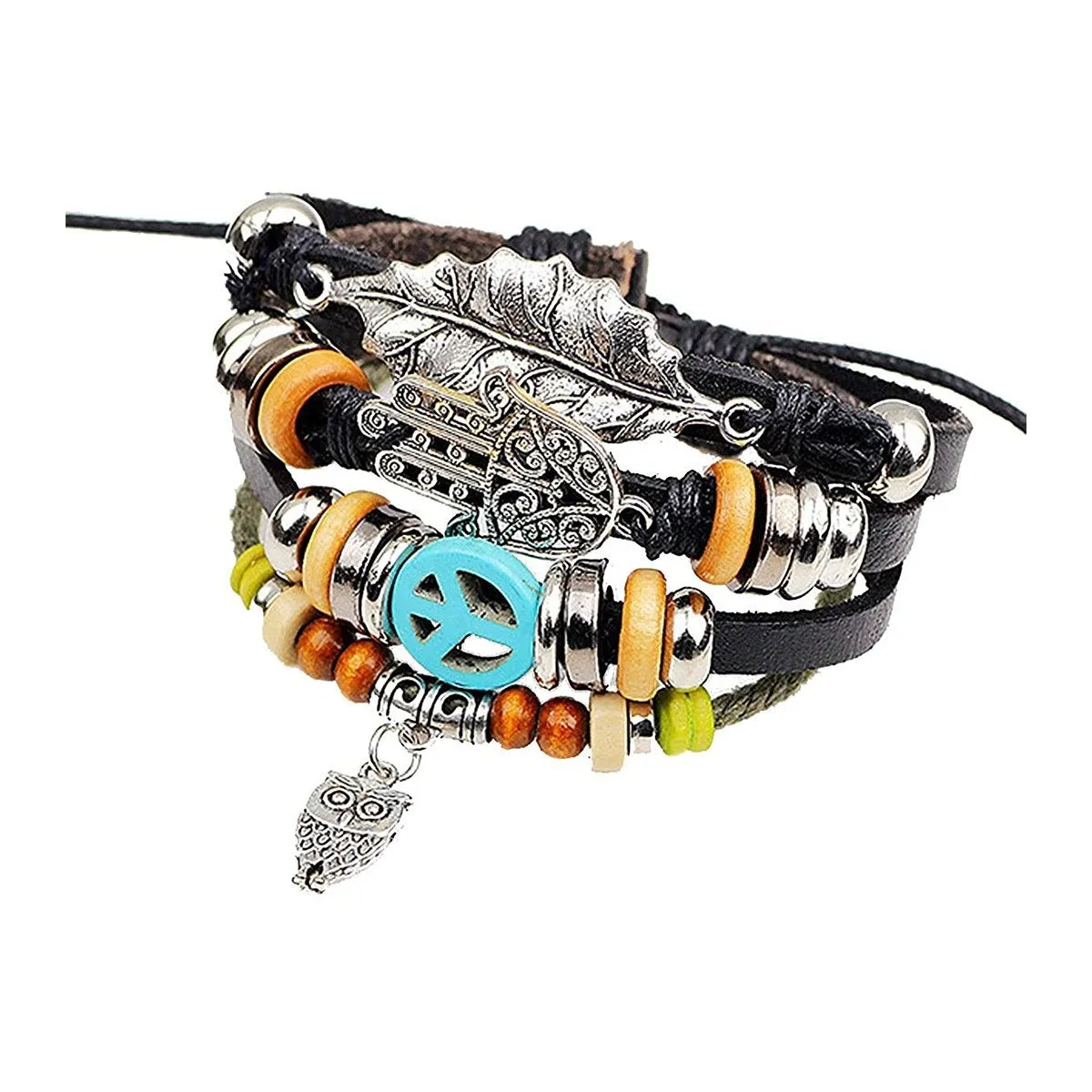 Black Leather Hamsa Peace Charm Wrist Band Multi Strand Bracelet