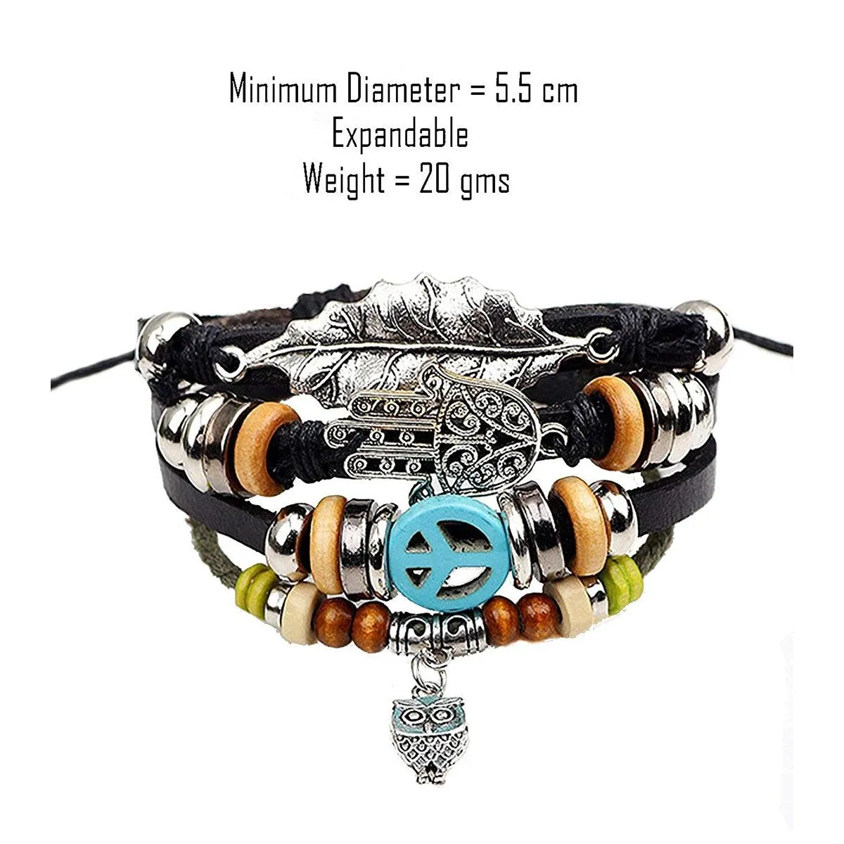 Black Leather Hamsa Peace Charm Wrist Band Multi Strand Bracelet