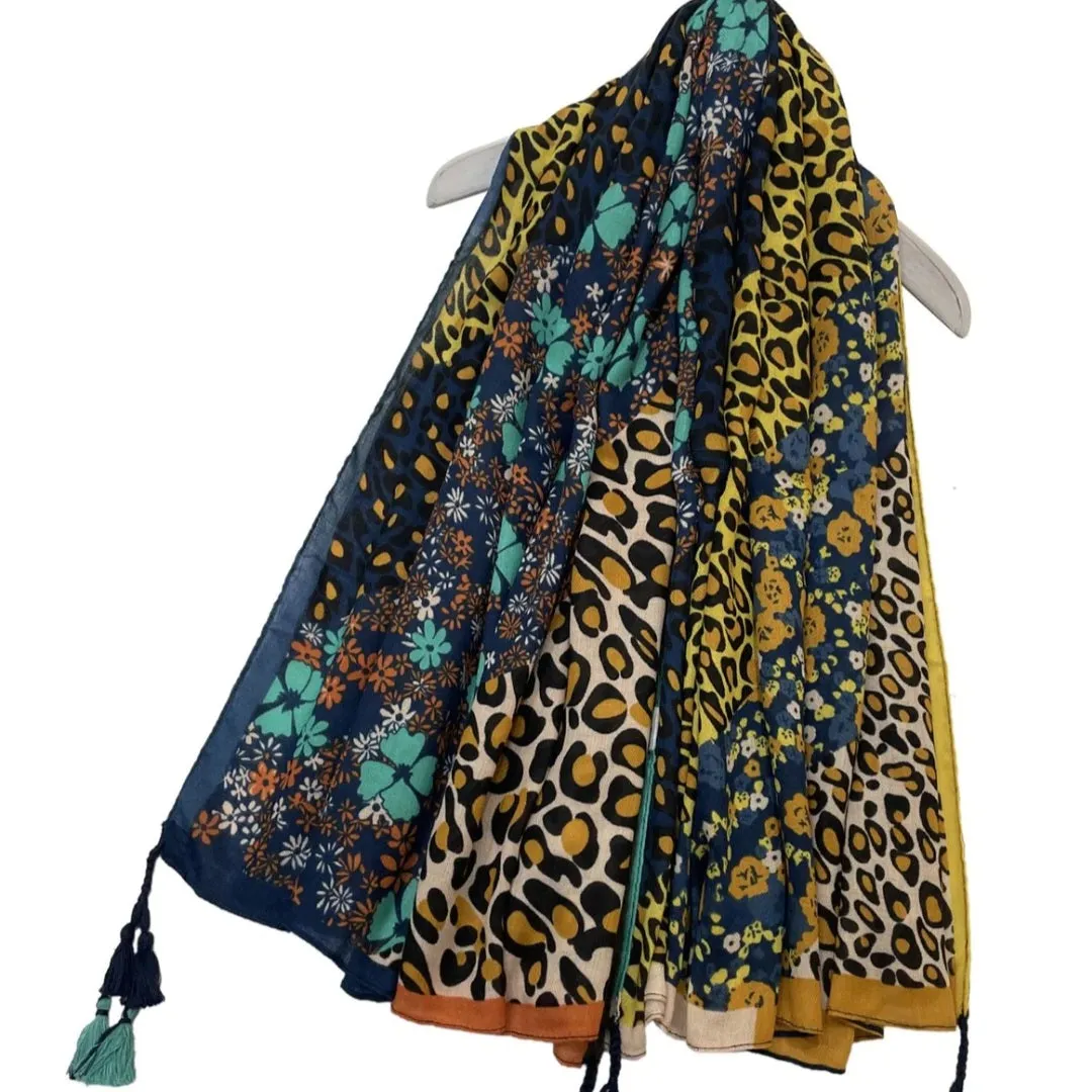 Blue Leopard & Floral Square Scarf