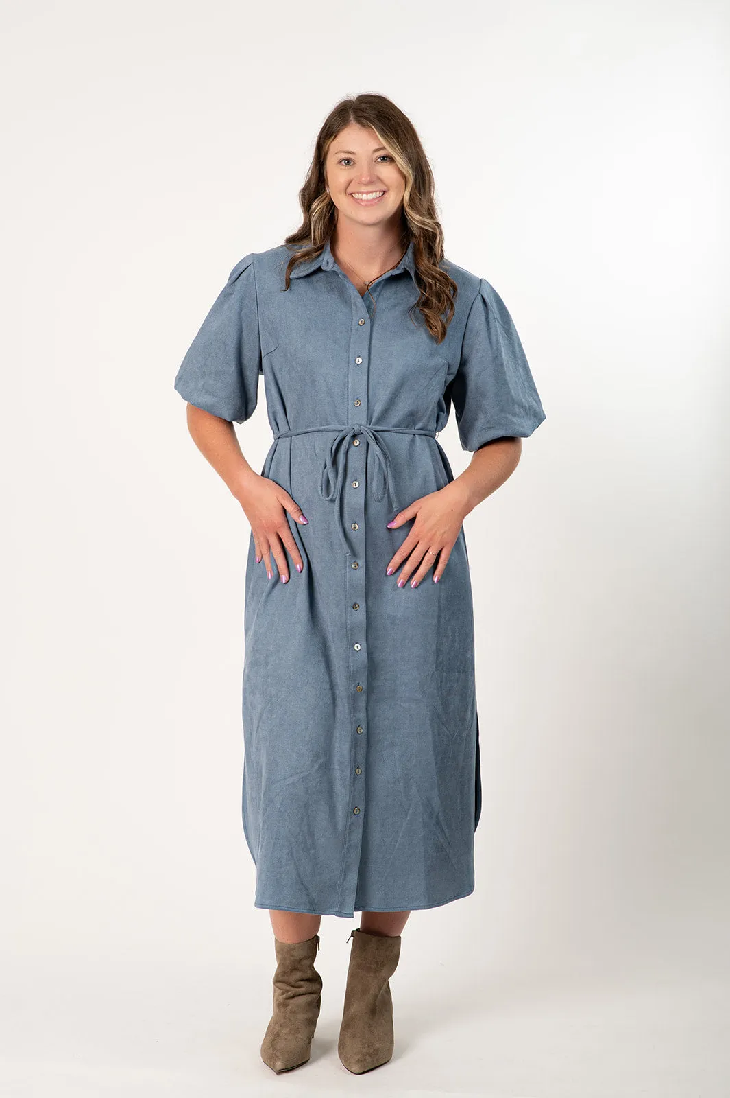 Boho Chic Puffed Sleeve Button Front Belted Shirt Collar Faux Suede Midi Dress - Platinum Blue