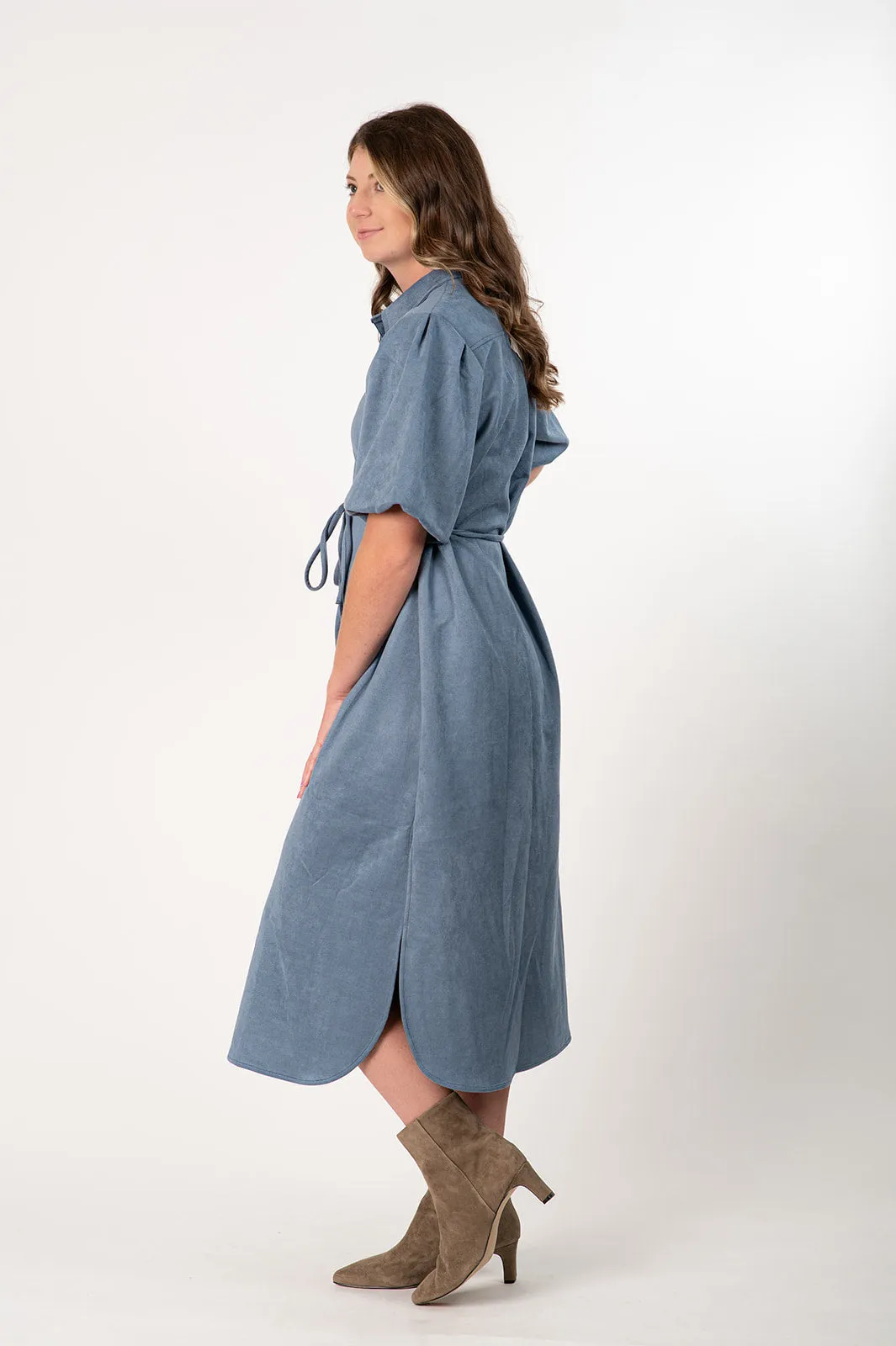 Boho Chic Puffed Sleeve Button Front Belted Shirt Collar Faux Suede Midi Dress - Platinum Blue