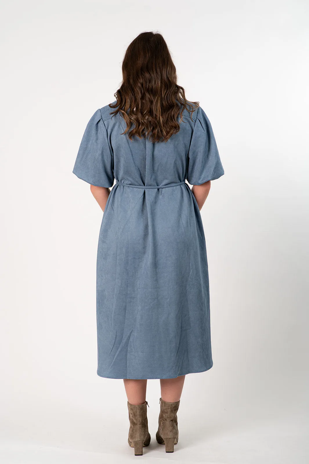 Boho Chic Puffed Sleeve Button Front Belted Shirt Collar Faux Suede Midi Dress - Platinum Blue