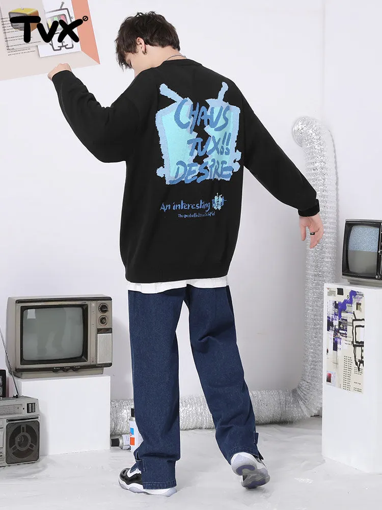 Cartoon TV letter-jacquard pullover with crewneck and sleeved sweater