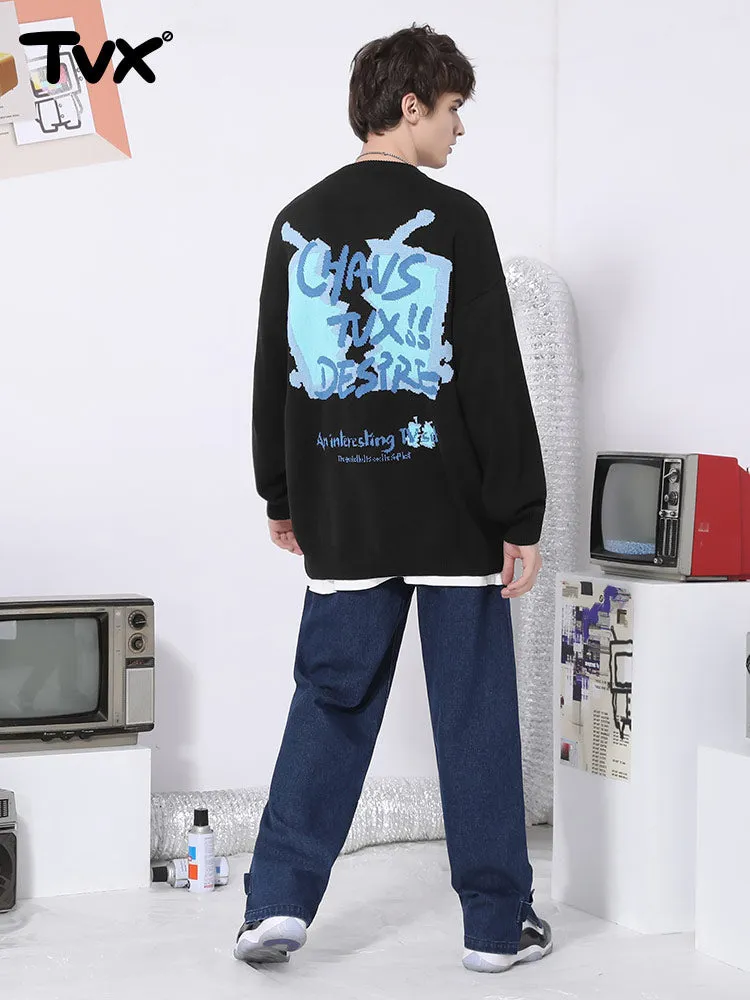 Cartoon TV letter-jacquard pullover with crewneck and sleeved sweater