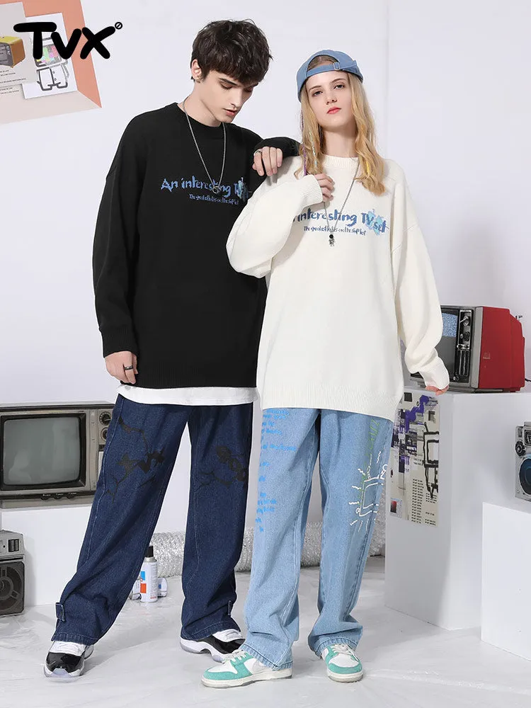 Cartoon TV letter-jacquard pullover with crewneck and sleeved sweater