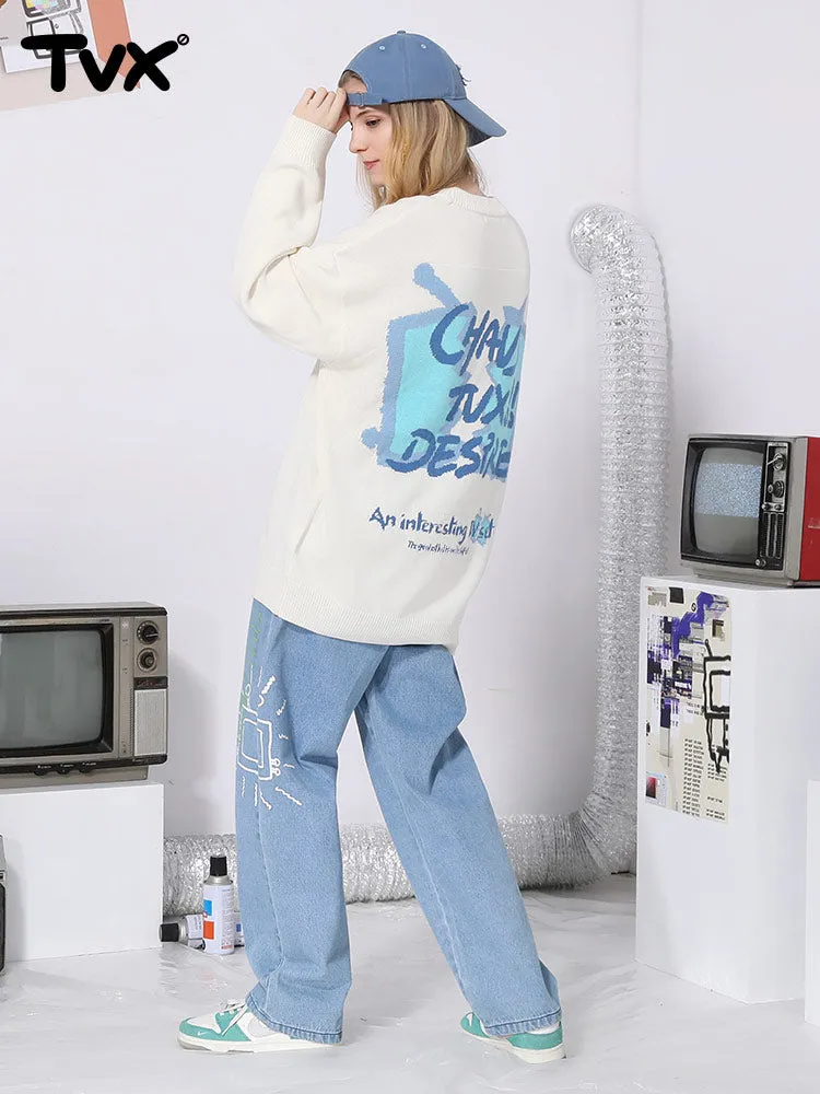 Cartoon TV letter-jacquard pullover with crewneck and sleeved sweater