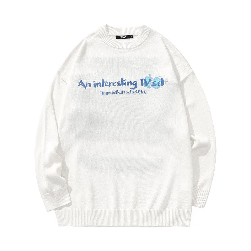 Cartoon TV letter-jacquard pullover with crewneck and sleeved sweater