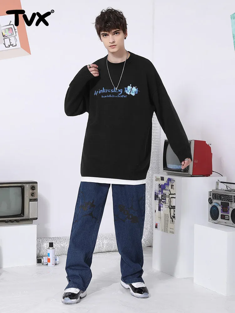 Cartoon TV letter-jacquard pullover with crewneck and sleeved sweater