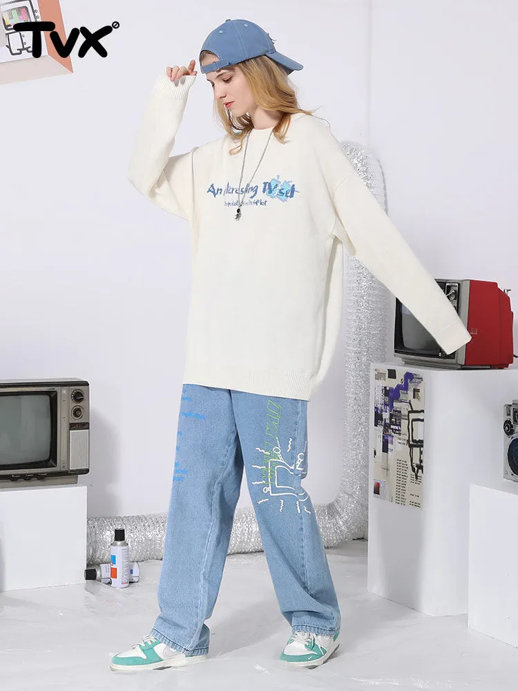 Cartoon TV letter-jacquard pullover with crewneck and sleeved sweater