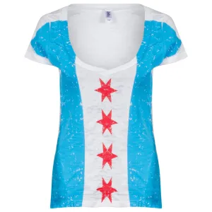 Chicago Women's White Full Body Vertical Chicago Flag V-Neck Tee-Shirt