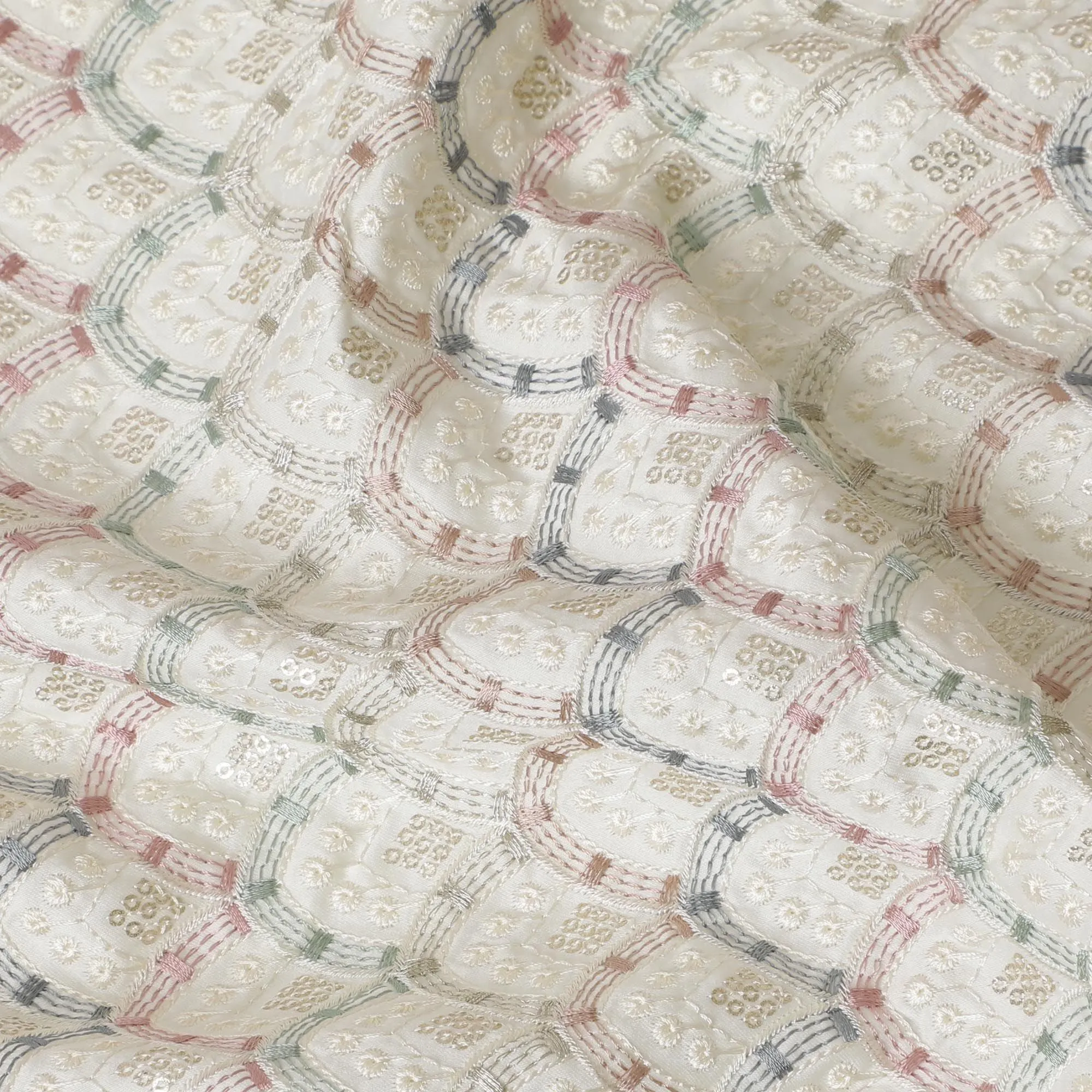 Classic Geometric Embroidered Synthetic Satin Fabric - 110cm Wide, Timeless Elegance from India-D18545