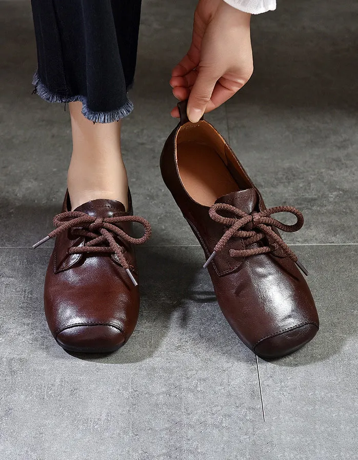 Comfortable Leather Square Toe Lace-up Retro Flat Shoes