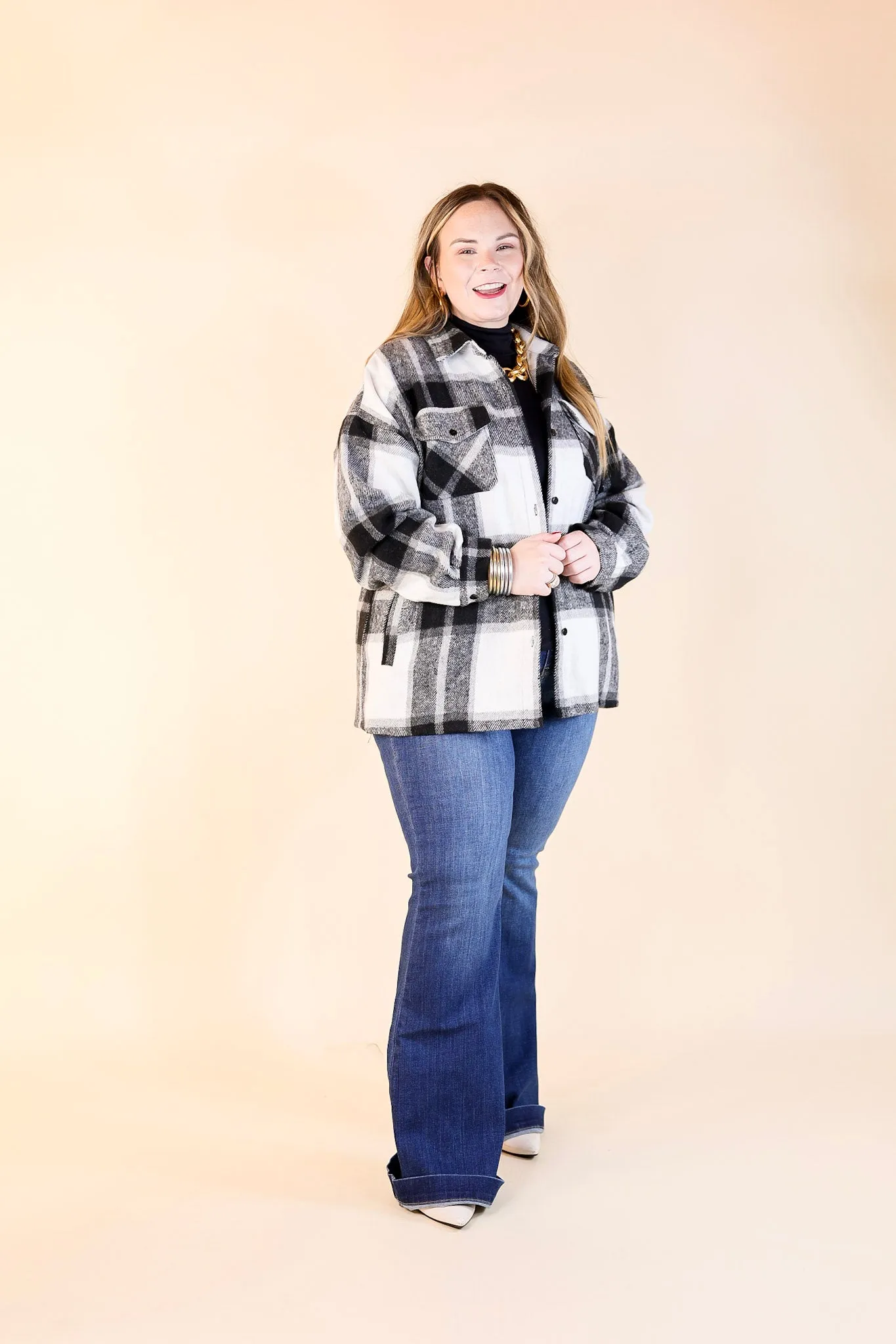 Cozy Memories Plaid Shacket with Front Pockets in Black