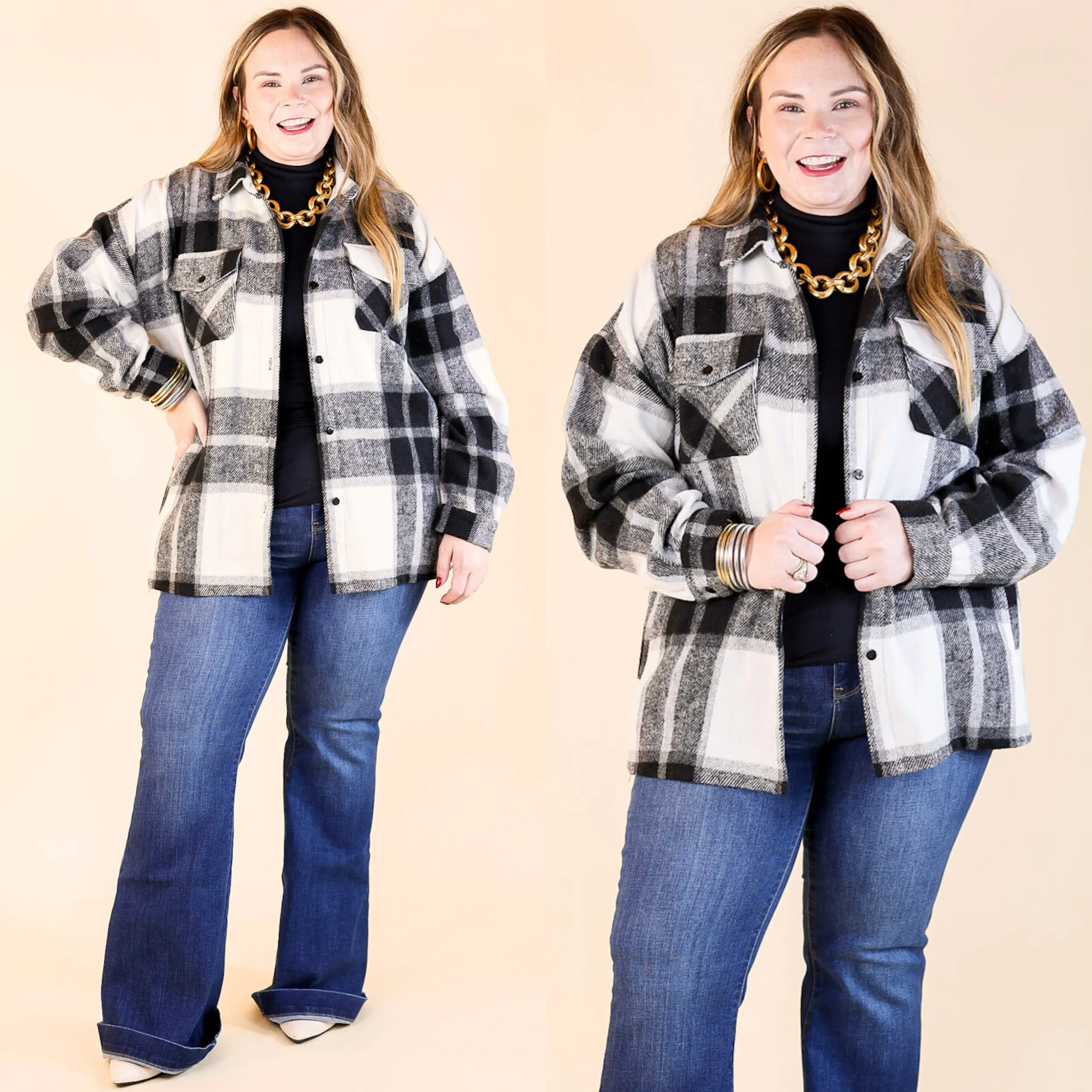 Cozy Memories Plaid Shacket with Front Pockets in Black