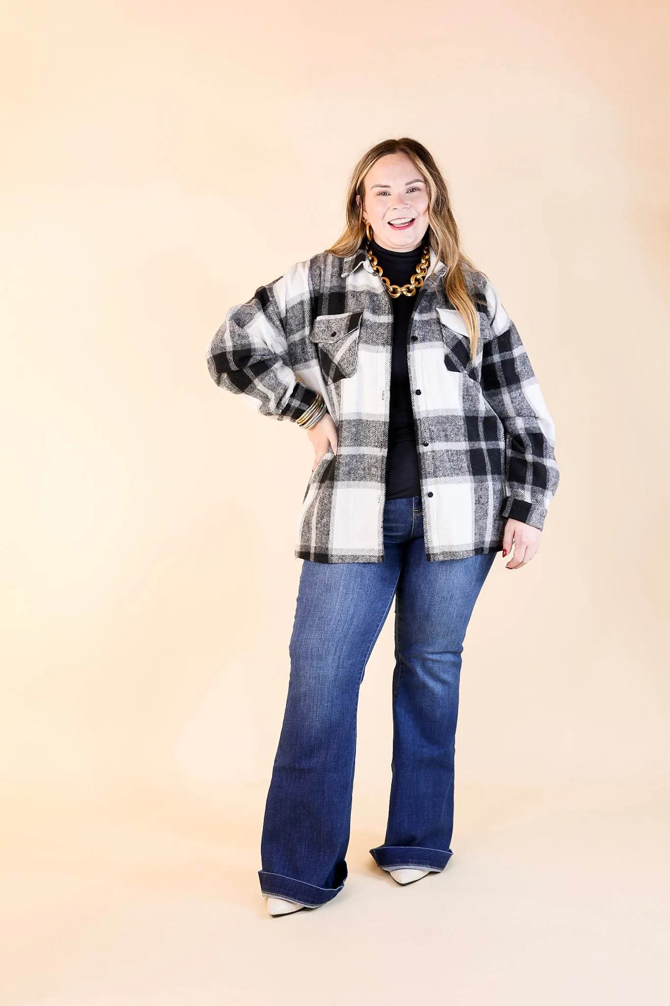 Cozy Memories Plaid Shacket with Front Pockets in Black