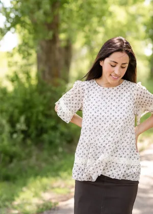 Cream Floral Print Lace Detail Top - FINAL SALE