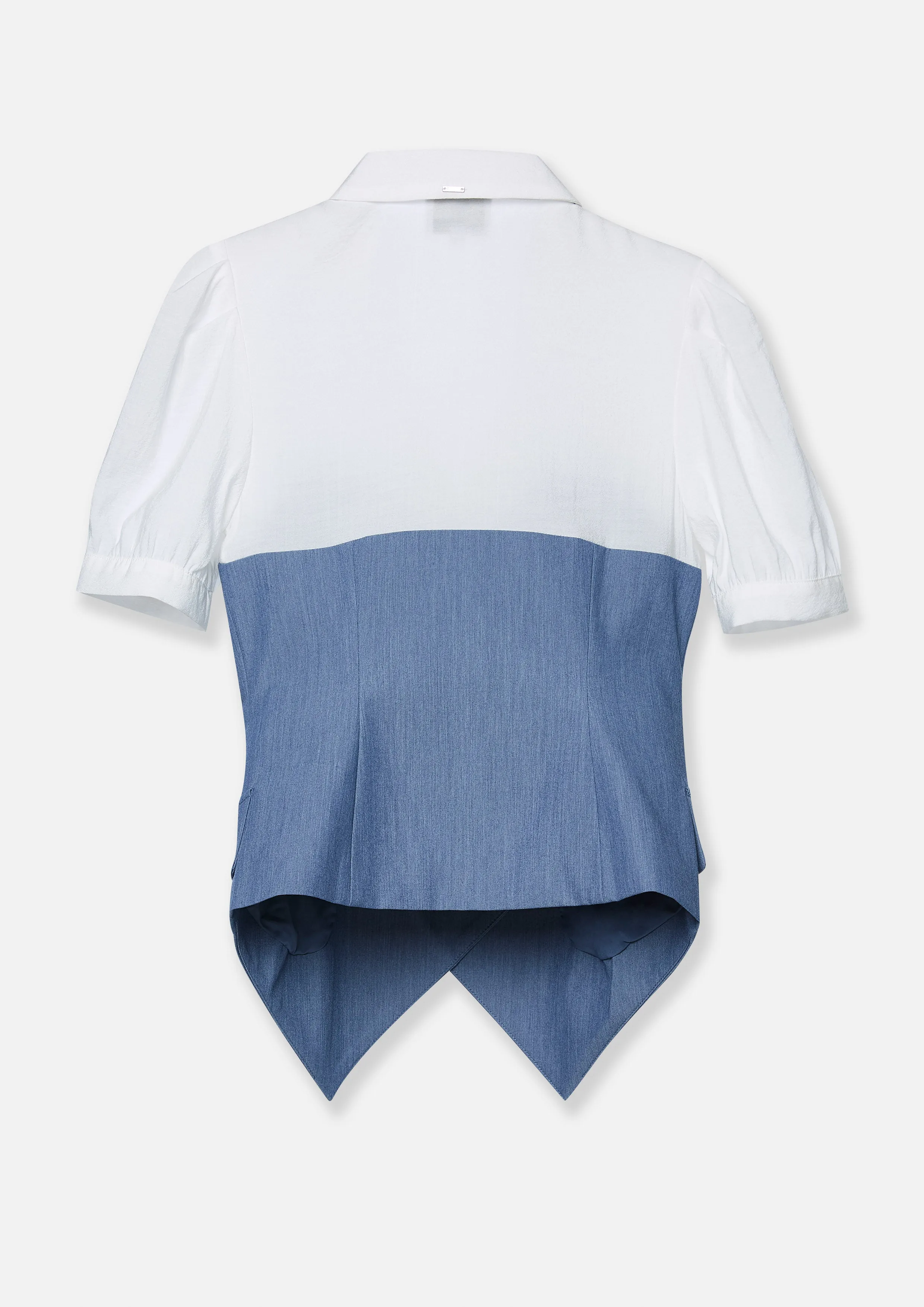 Denim Colour-Blocked Puffed Sleeve Top