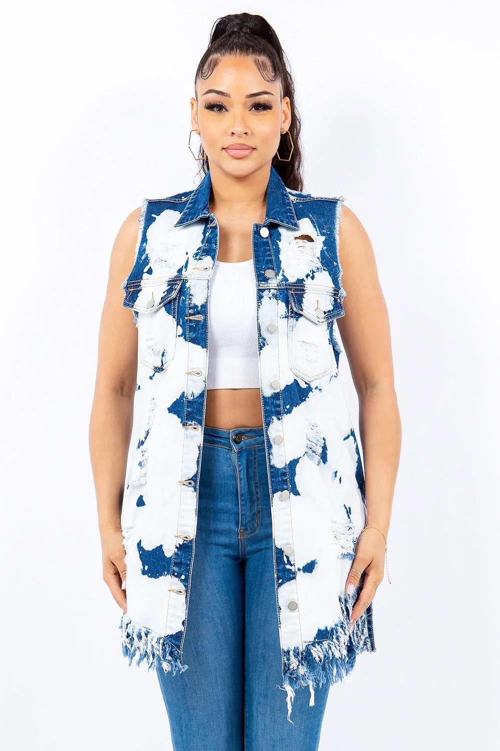 Distressed Frayed Edge Longline Denim Vest