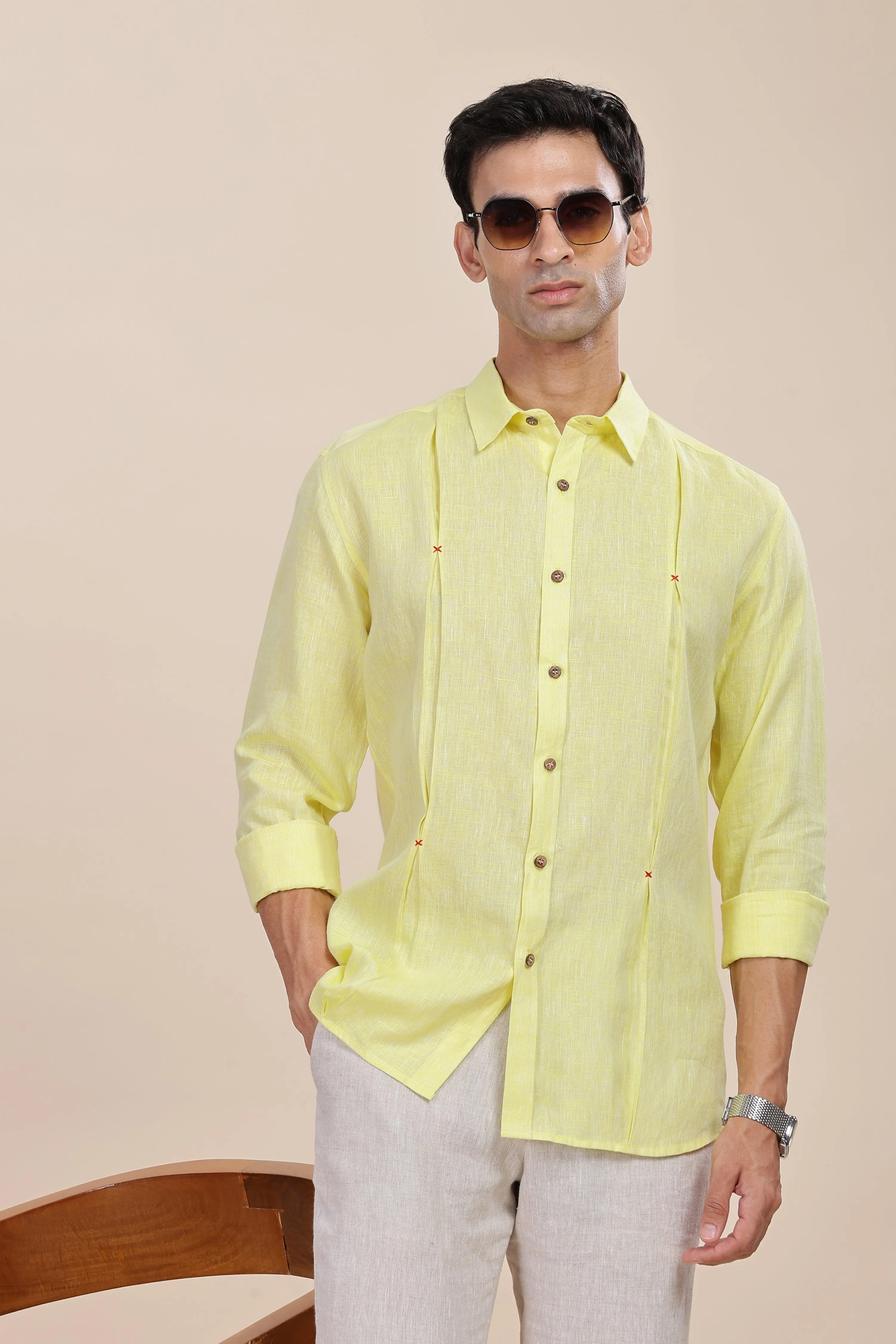 FELIPE - Timeless Elegance in Pure Linen Light Yellow Chambray Shirts