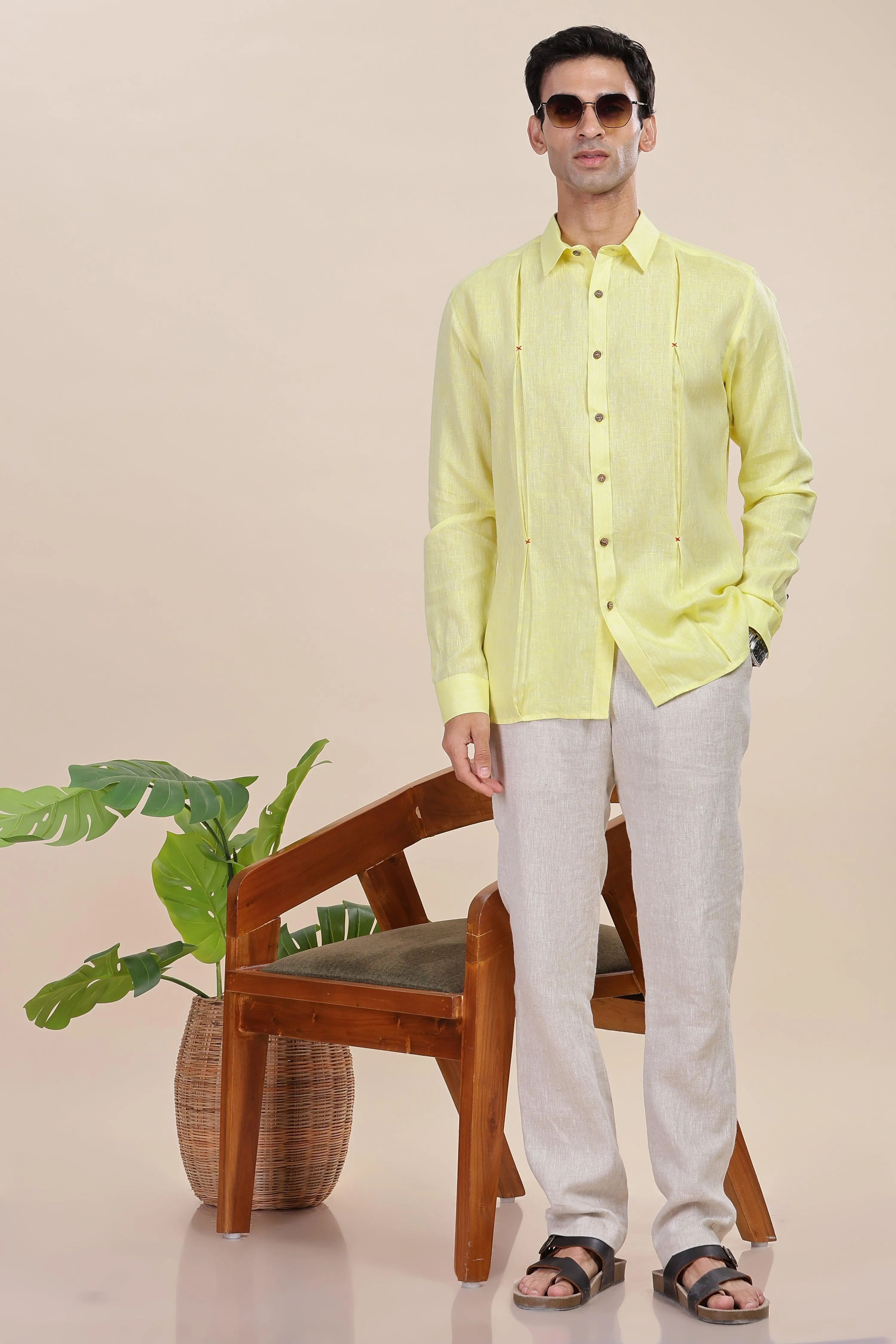 FELIPE - Timeless Elegance in Pure Linen Light Yellow Chambray Shirts