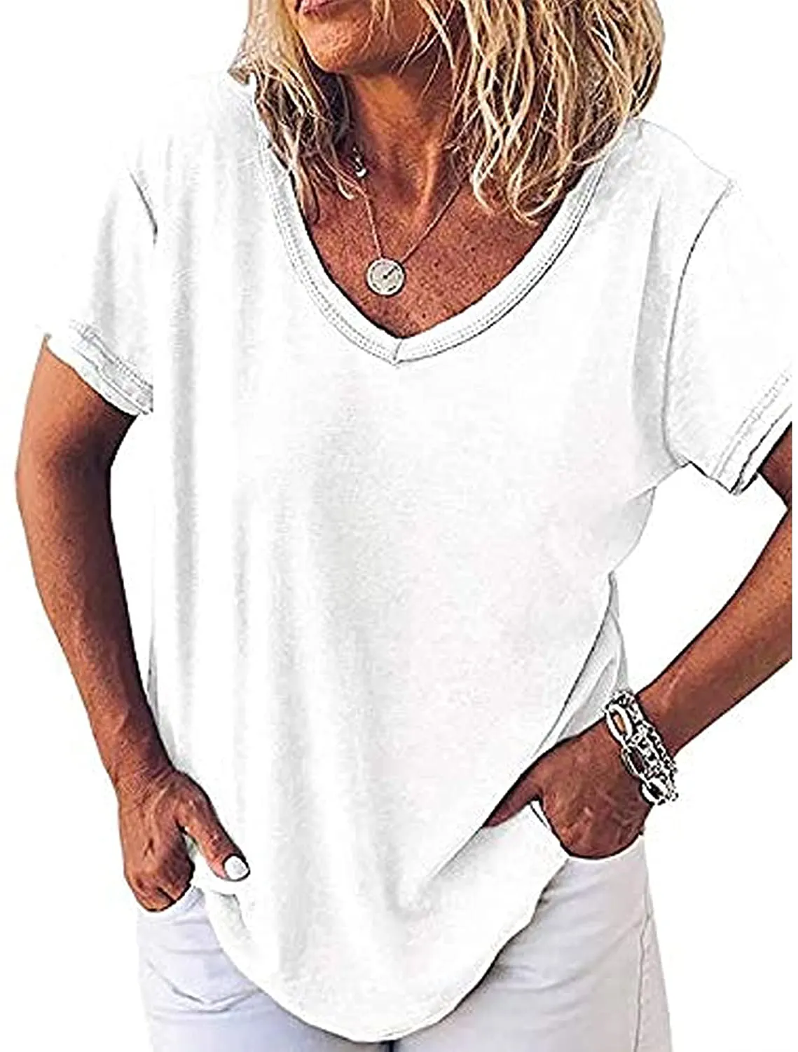 Fessceruna Womens Short Sleeve V Neck T Shirt Summer Casual Loose Solid Basic Tunic Tee Top Blouse