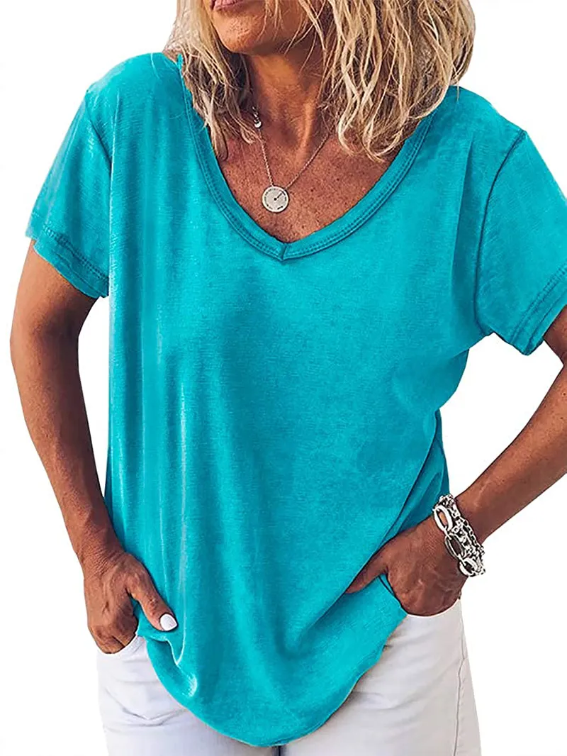 Fessceruna Womens Short Sleeve V Neck T Shirt Summer Casual Loose Solid Basic Tunic Tee Top Blouse