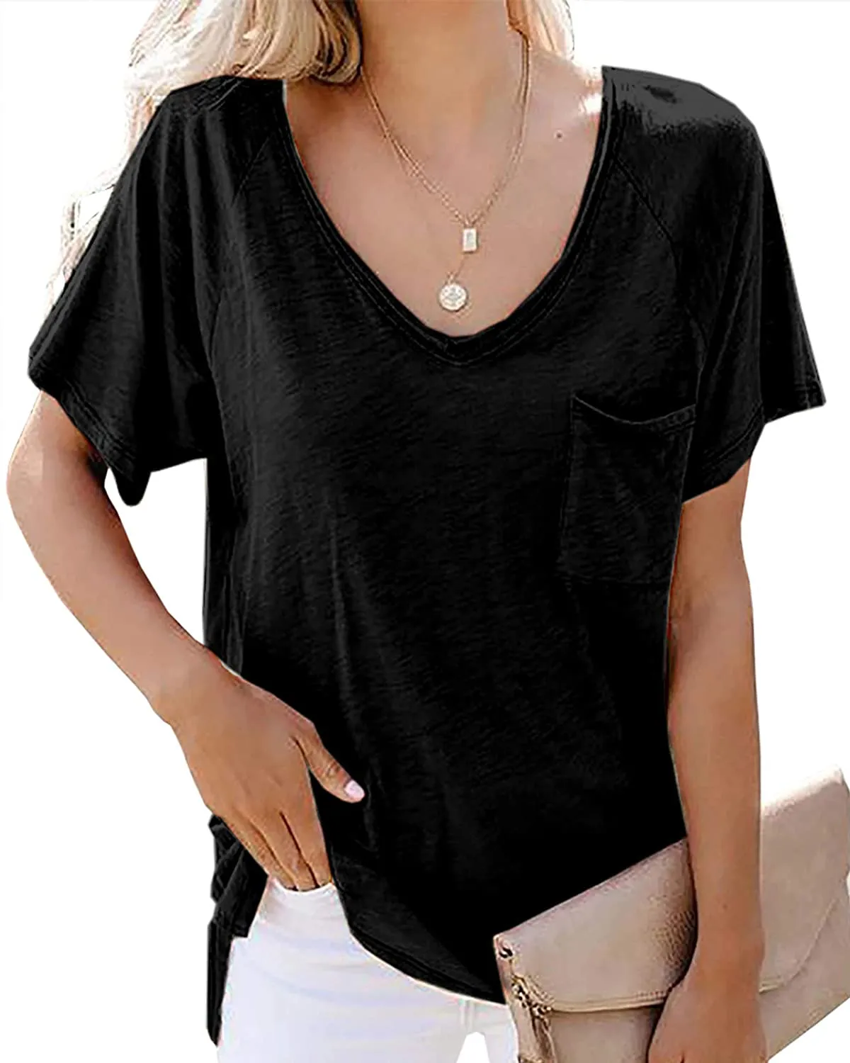 Fessceruna Womens Short Sleeve V Neck T Shirt Summer Casual Loose Solid Basic Tunic Tee Top Blouse