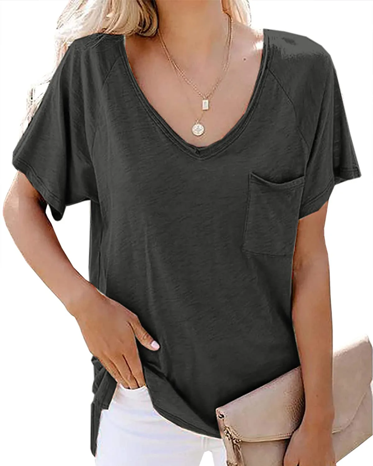 Fessceruna Womens Short Sleeve V Neck T Shirt Summer Casual Loose Solid Basic Tunic Tee Top Blouse