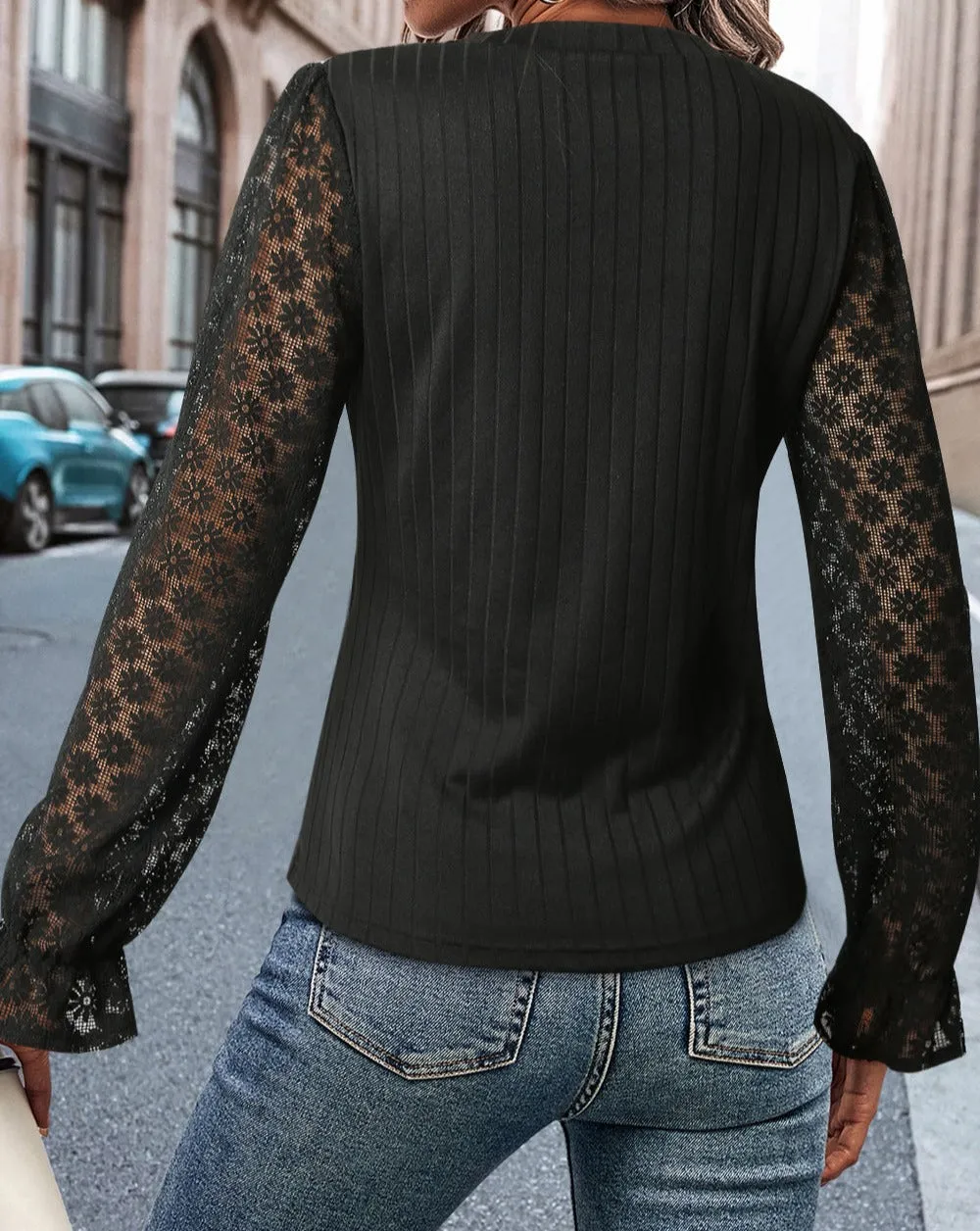 Floral Lace Sleeve Ribbed Top