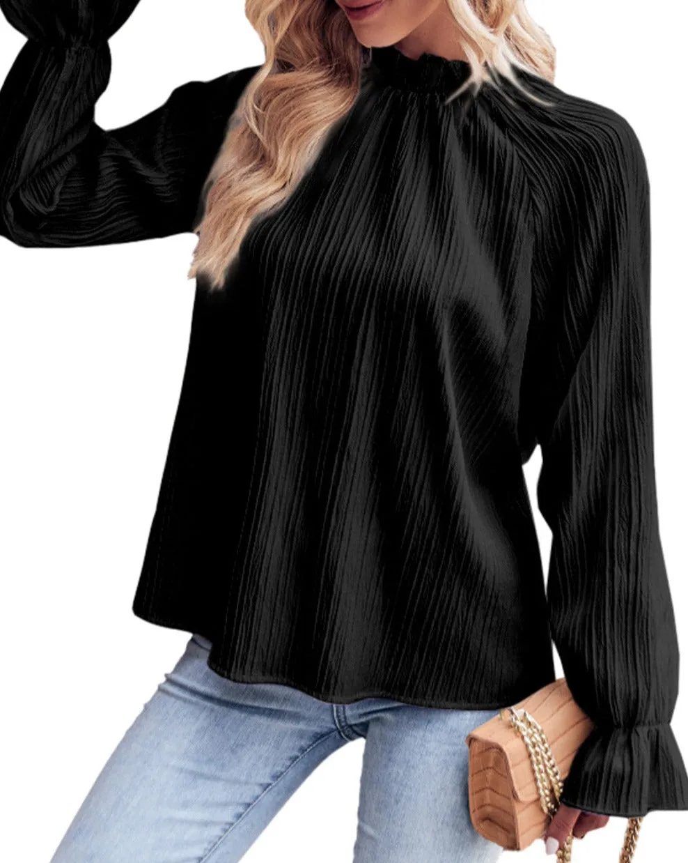 Frilled Mock Neck Bubble Sleeve Blouse