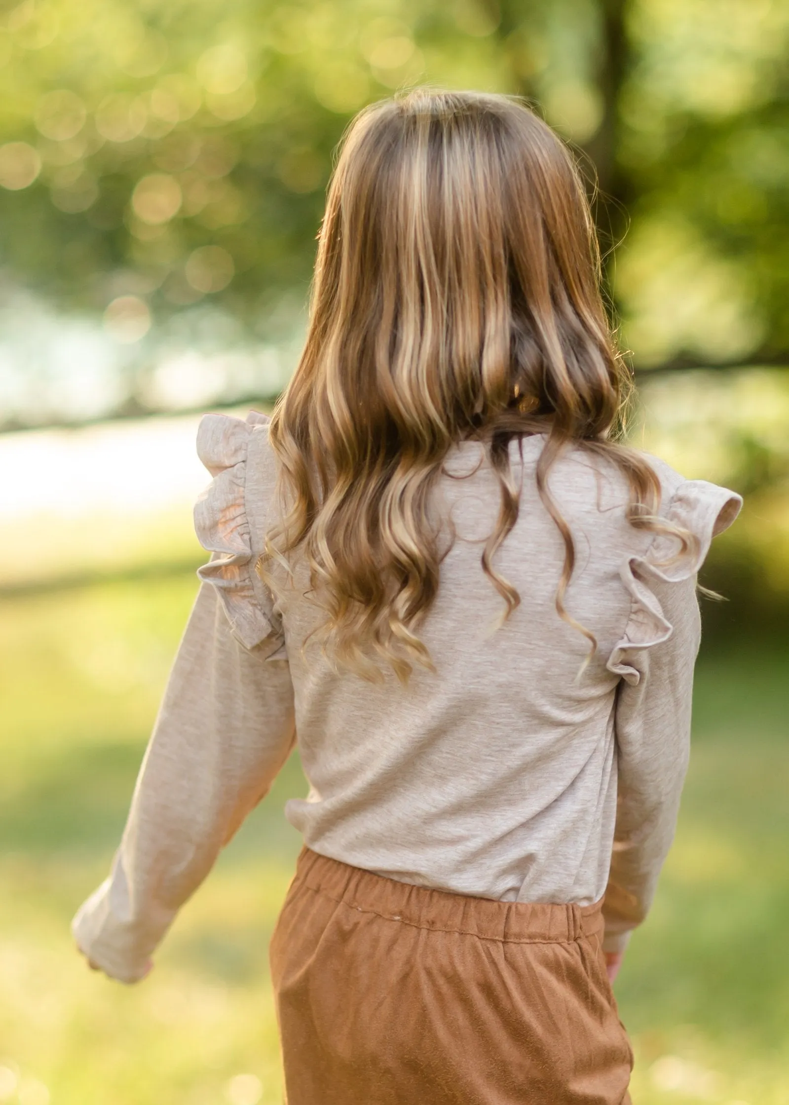 Girls Oatmeal Ruffle Pocket Top