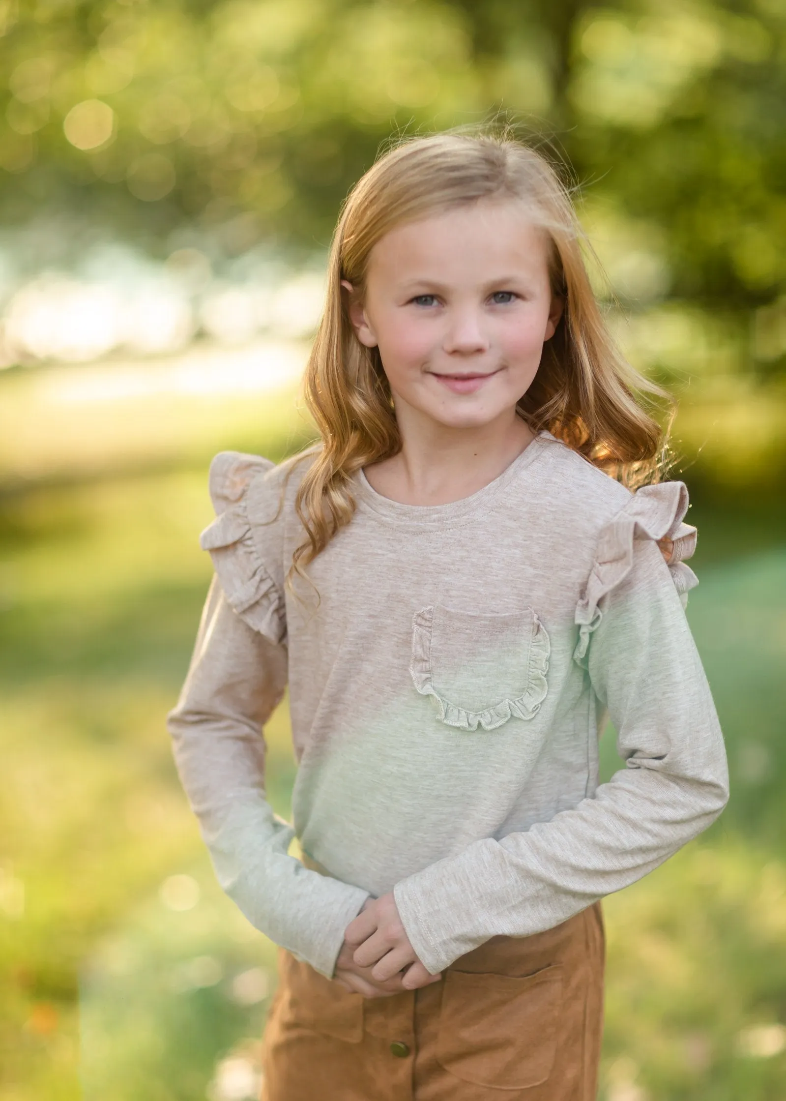 Girls Oatmeal Ruffle Pocket Top