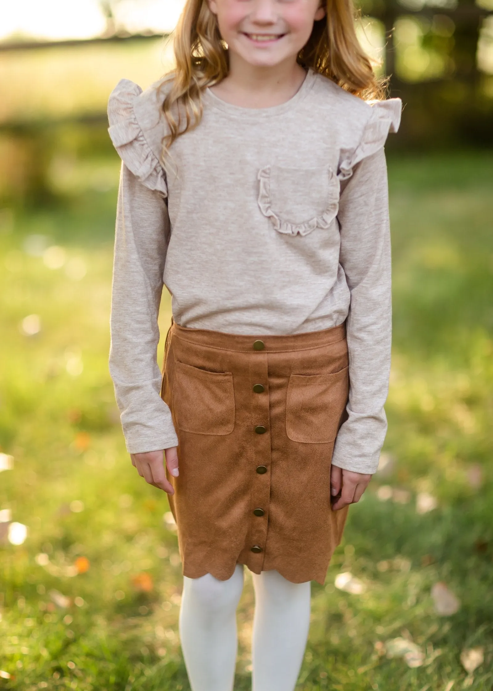 Girls Oatmeal Ruffle Pocket Top