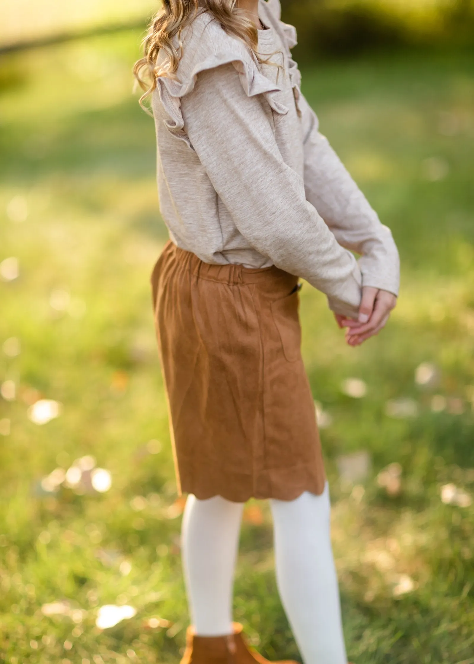 Girls Oatmeal Ruffle Pocket Top