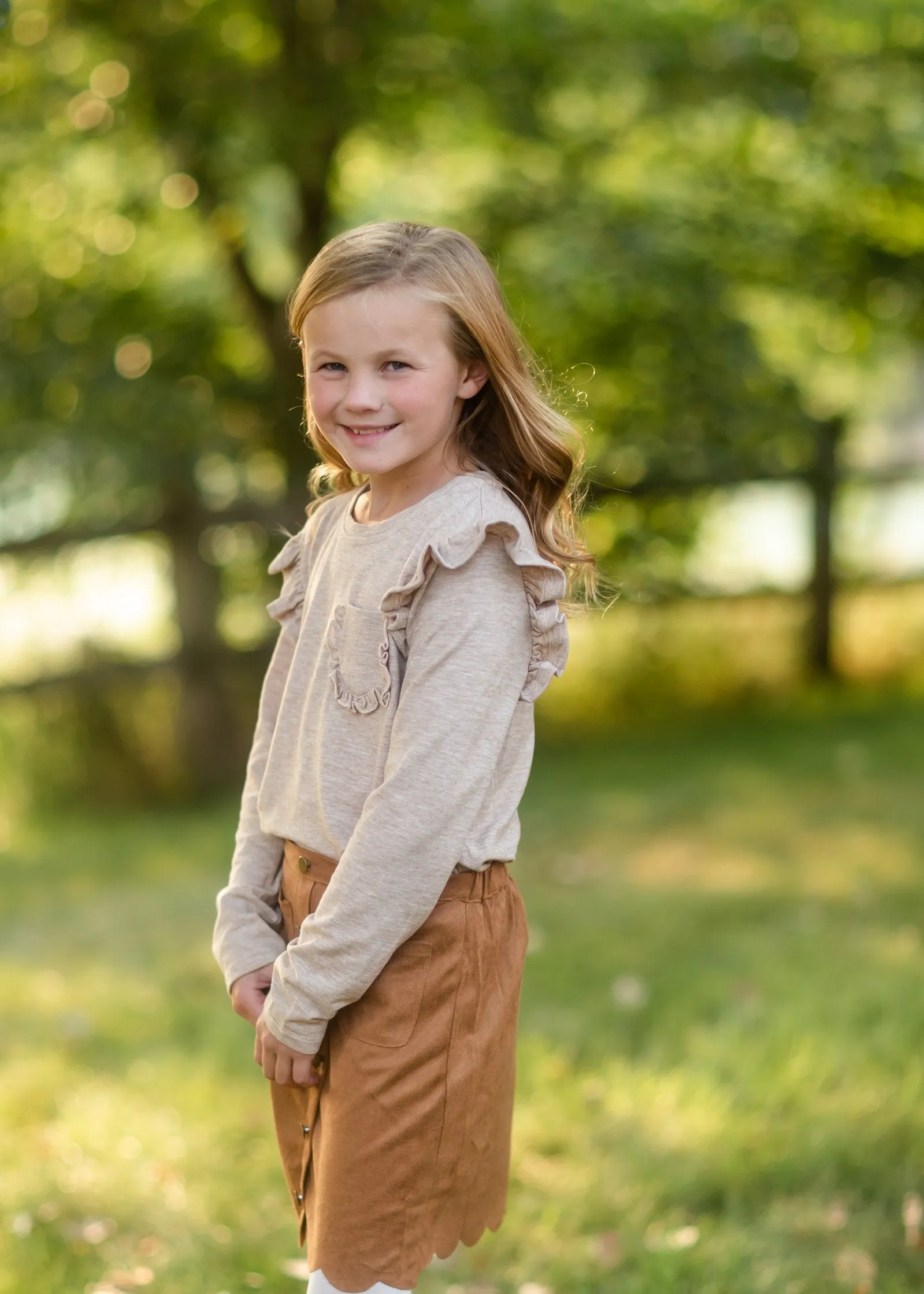 Girls Oatmeal Ruffle Pocket Top