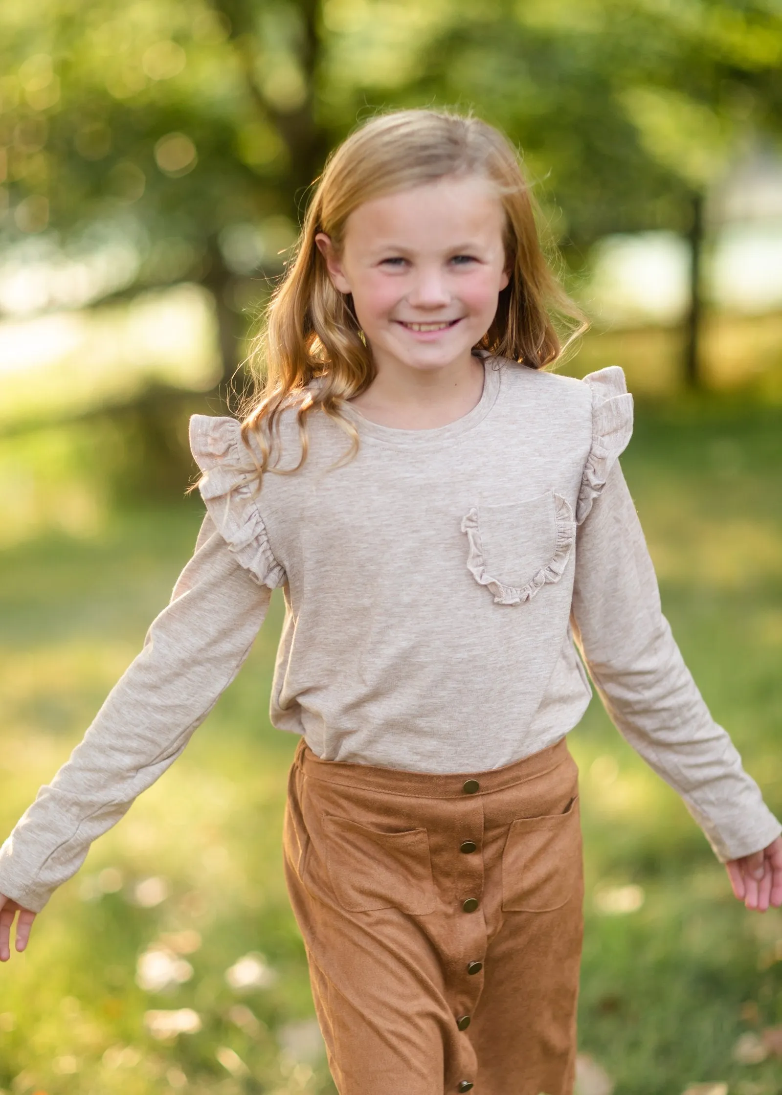 Girls Oatmeal Ruffle Pocket Top