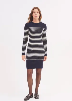 Grande Marée striped jumper dress - in wool, shoulder buttoning (NAVY/ECUME)