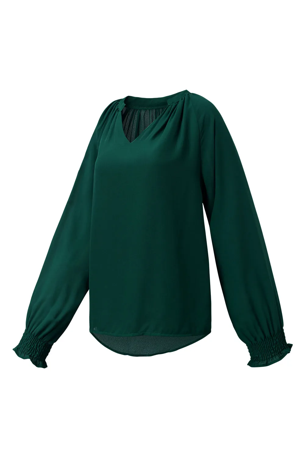 Green Pleated V Neck Puffy Sleeve Blouse