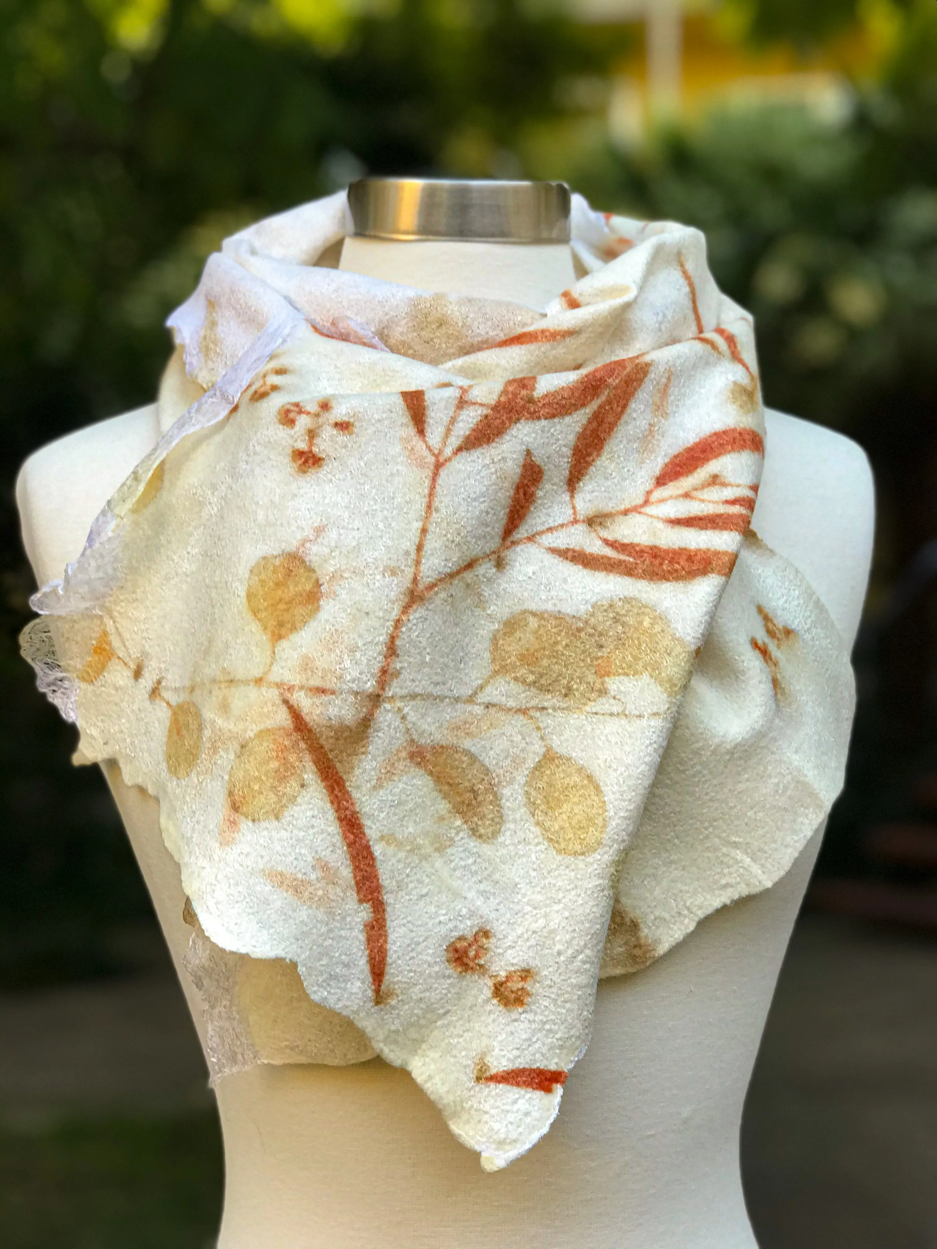 Handmade Felted Scarf with Eco print for Women