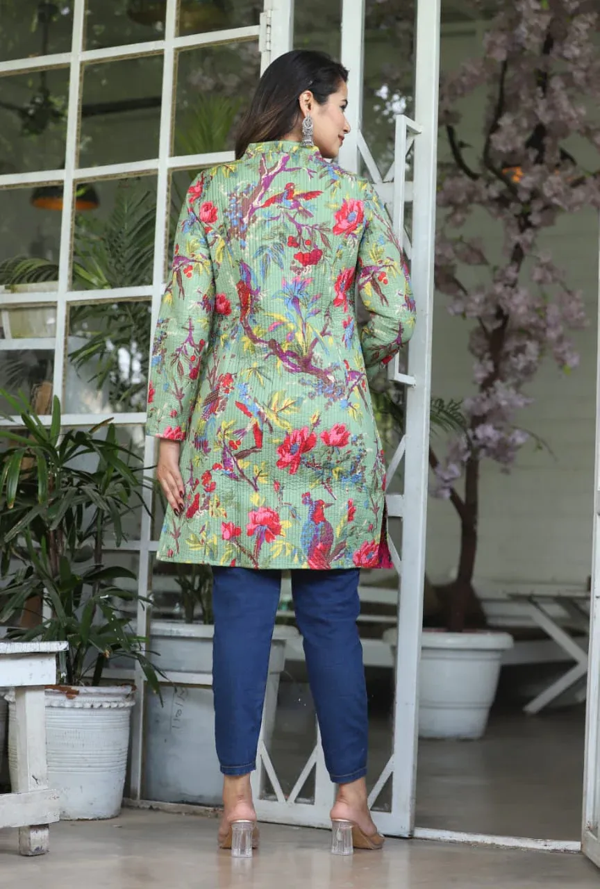 Handmade Women's Quilted Cotton Jacket Green Flower Print - Long Sleeve Bohemian Winter Wear Floral Reversible Coat