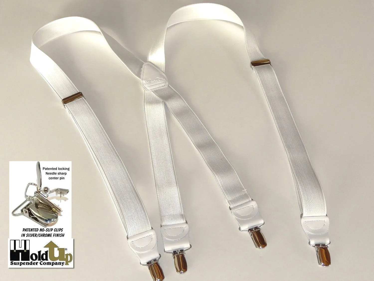 Hold-Ups X-back 1" wide Formal Satin Finish White Suspenders with USA Patented No-slip Silver Clips